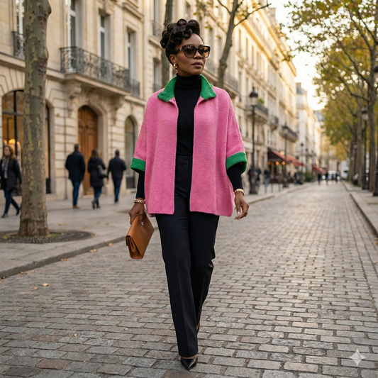 A stylish woman walking down a cobblestone city street wearing a vibrant pink and green high-neck button cape poncho layered over a black turtleneck and trousers, carrying a tan clutch and wearing sunglasses.