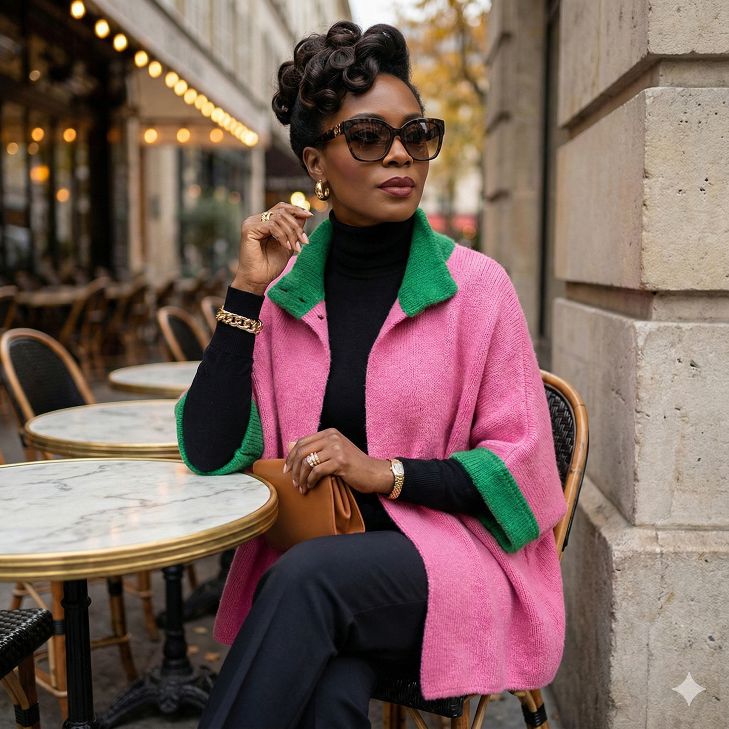 A fashionable woman sitting at an outdoor cafe table wearing a pink and green color block cape cardigan over a black turtleneck, accessorized with oversized sunglasses and gold jewelry.