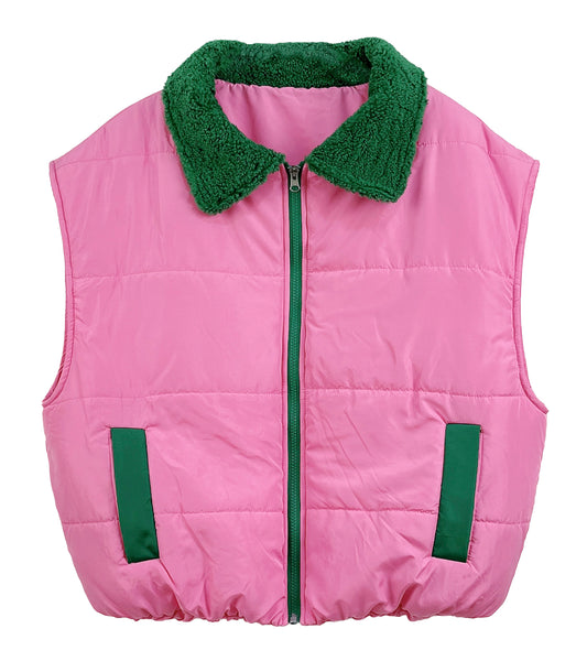 AKA Sorority Pink and Green Puffer Vest with Shearling Collar Colorblock Style