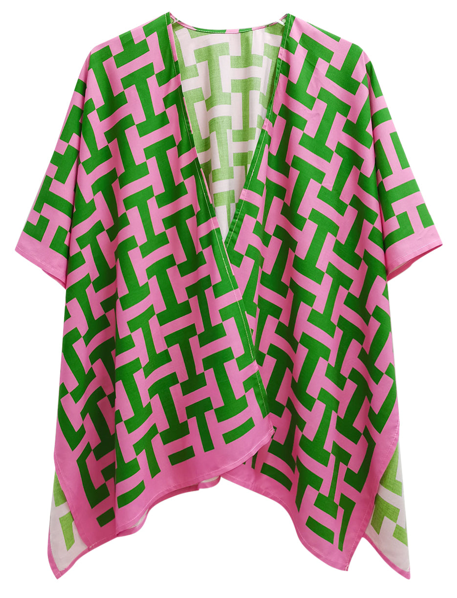 Pink & Green Geometric Viscose Ruana - Lightweight Kimono Cover-Up