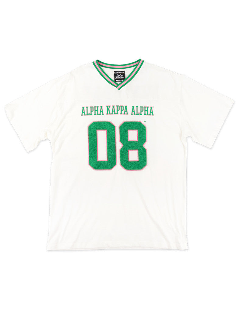 Front view of AKA Loose-Fit Jersey Tee in Ivory with embroidered Alpha Kappa Alpha and green chenille "08" numbers