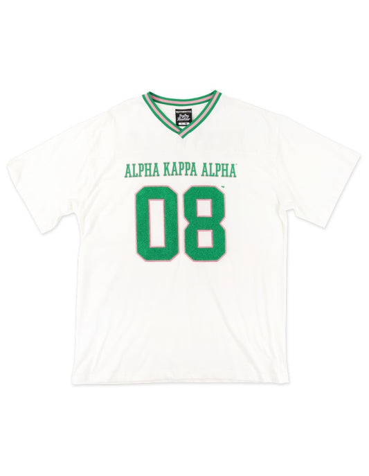 Front view of AKA Loose-Fit Jersey Tee in Ivory with embroidered Alpha Kappa Alpha and green chenille "08" numbers