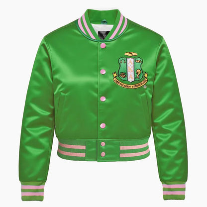 AKA Green Cropped Satin Varsity Jacket | Sorority