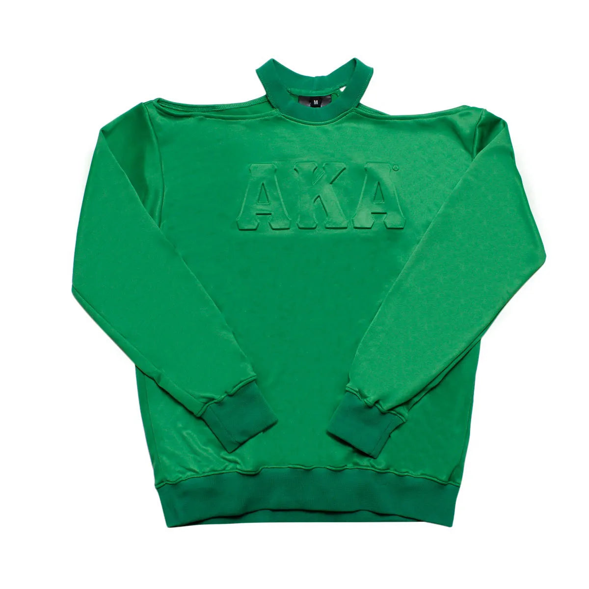Green satin cold-shoulder sweatshirt featuring large, embossed AKA letters and a ribbed hem/cuffs.