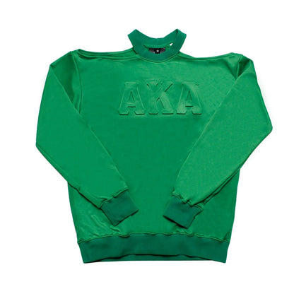 Green satin cold-shoulder sweatshirt featuring large, embossed AKA letters and a ribbed hem/cuffs.