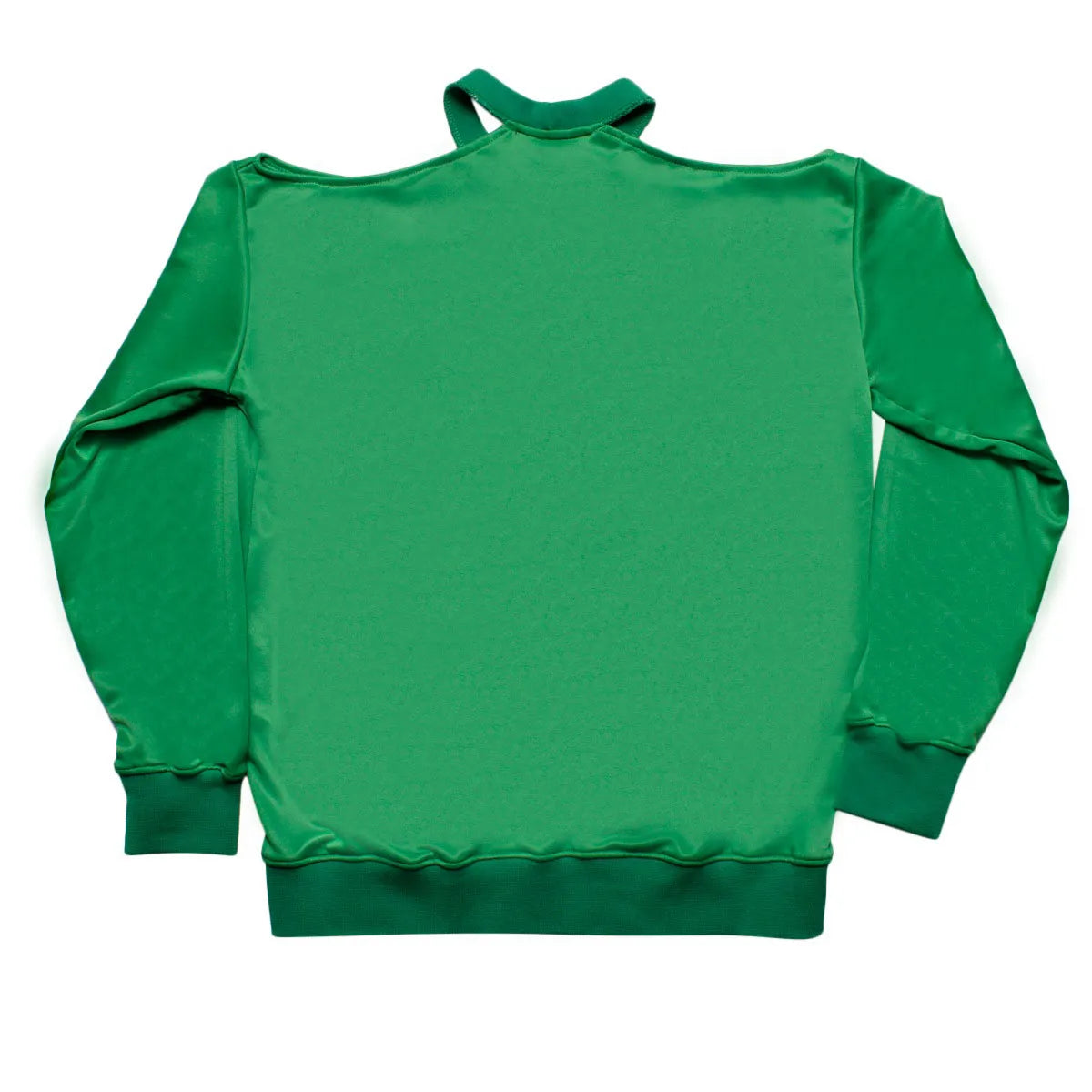 Back view of the green satin cold-shoulder sweatshirt, showcasing the solid green fabric, mock neck strap, and ribbed hem and cuffs.