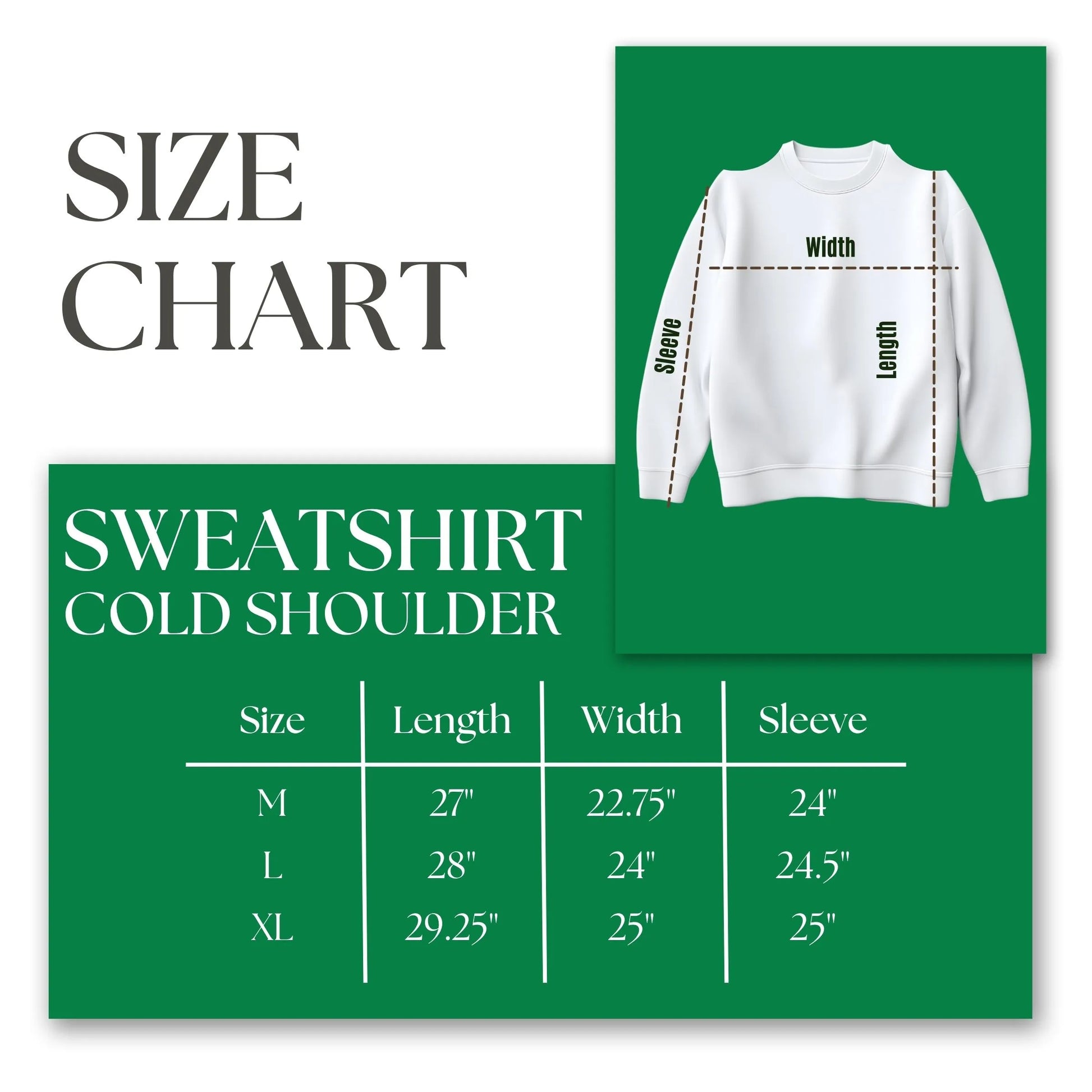 Size chart for AKA cold-shoulder sweatshirt showing measurements for M, L, and XL: Length, Width, and Sleeve dimensions.