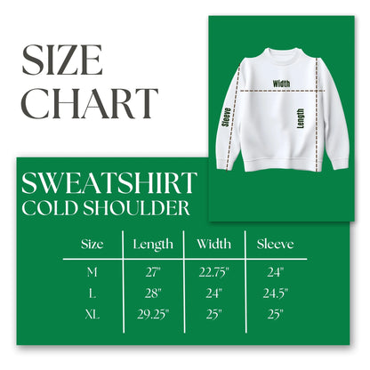 Size chart for AKA cold-shoulder sweatshirt showing measurements for M, L, and XL: Length, Width, and Sleeve dimensions.