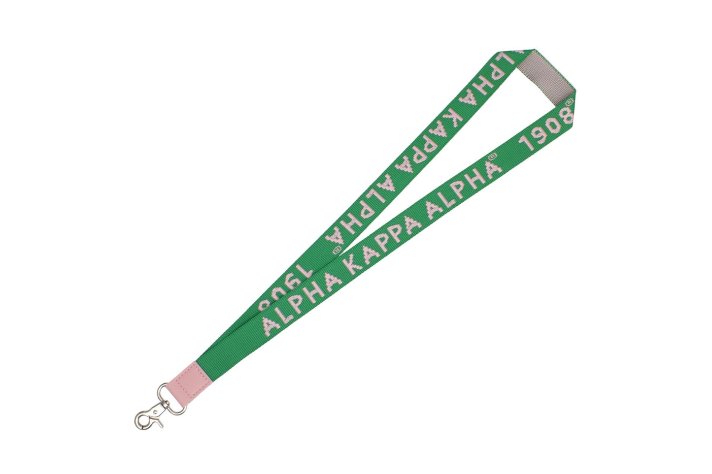 1908 and AKA embroidered detail on green and pink sorority lanyard for Alpha Kappa Alpha members."