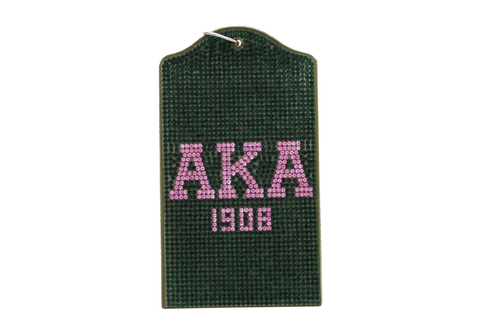 Official AKA Sorority pink and green rhinestone ID badge holder with 1908 Greek letters on vegan leather, sparkling under light"