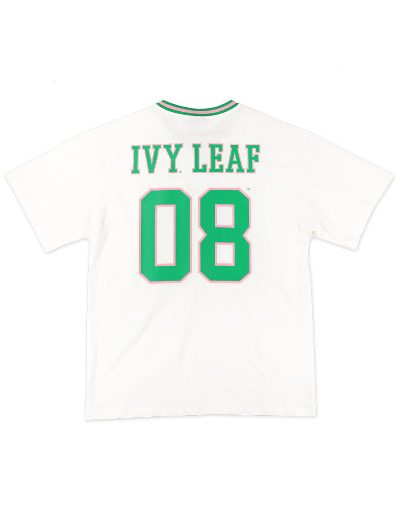 Close-up of green chenille "08" numbers with pink outlines on the AKA  Jersey Tee