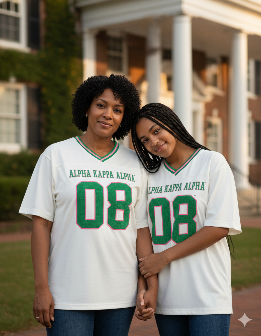 Mother and daughter, both Black women, wearing matching AKA Loose-Fit Jersey Tees, holding hands in front of a building.
