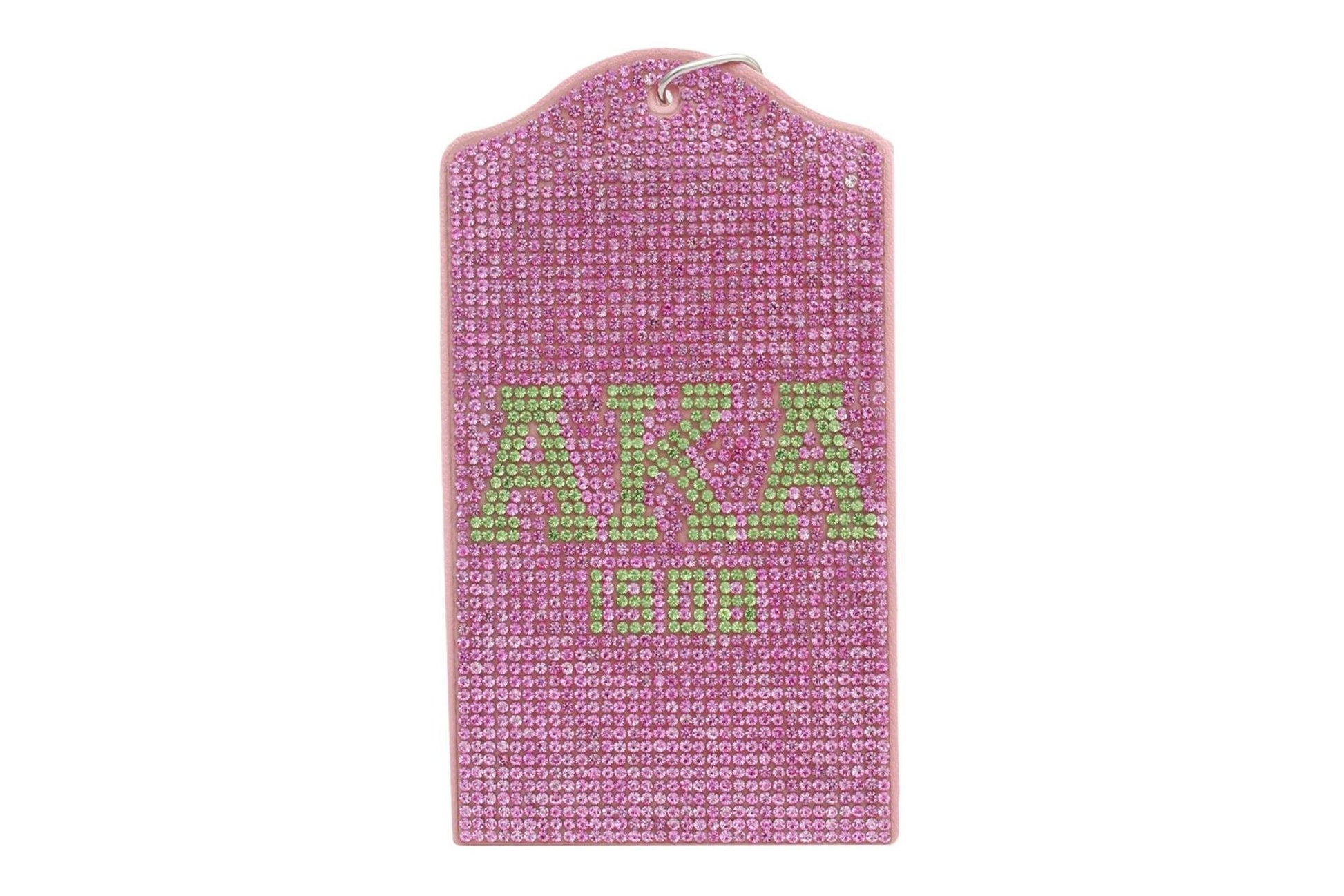 Pink rhinestone badge with 'AKA' and 1908 text on a white background