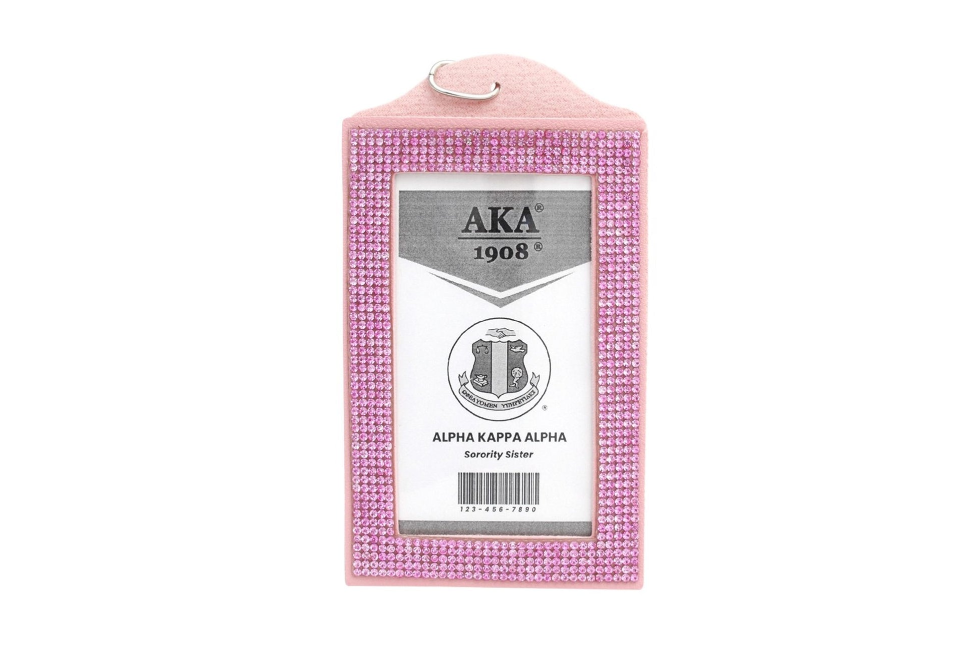 Pink rhinestone clutch with Alpha Kappa Alpha crest  on a white background