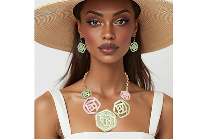 "AKA Sorority pink and green marbled rose collar necklace with gold accents and matching drop earrings set 