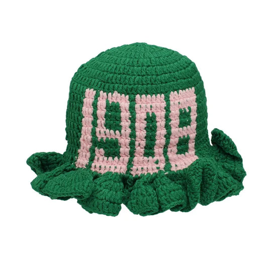 Alpha Kappa Alpha Green knitted hat  founding year , 1908 in  pink text. 