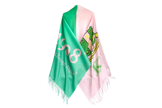 Green and pink scarf with crest and 1908 on a white background
