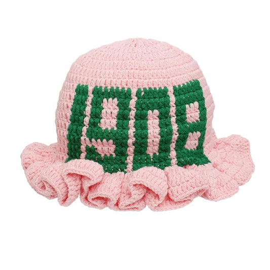 Pink crochet hat with the AKA Founding Year, 1908. 