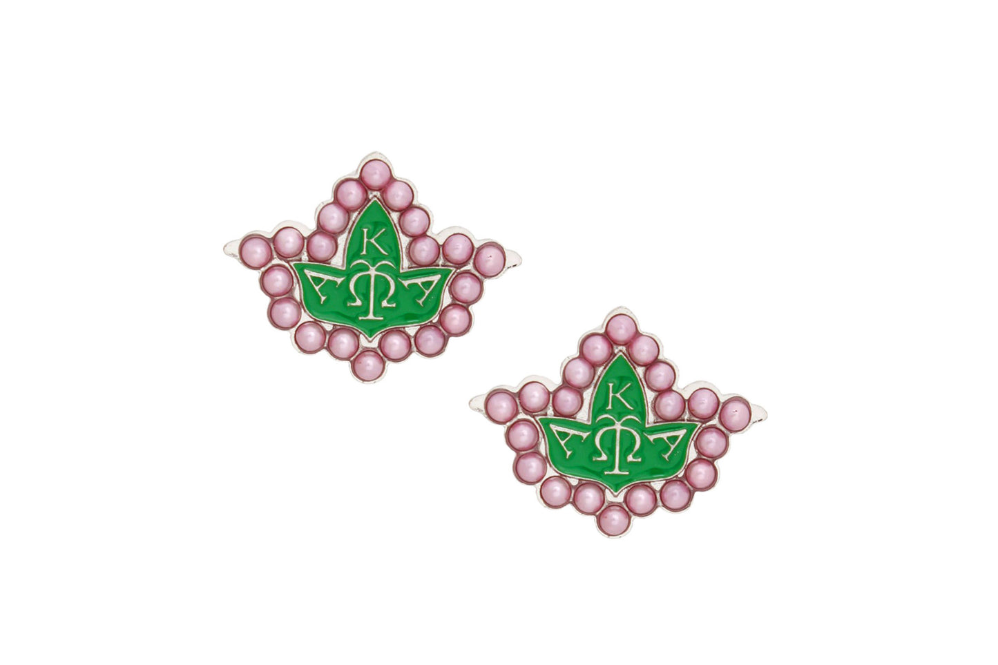 AKA Sorority stud earrings featuring a silver ivy leaf design with pink pearl edges and green epoxy AKA details, perfect for Alpha Kappa Alpha members."