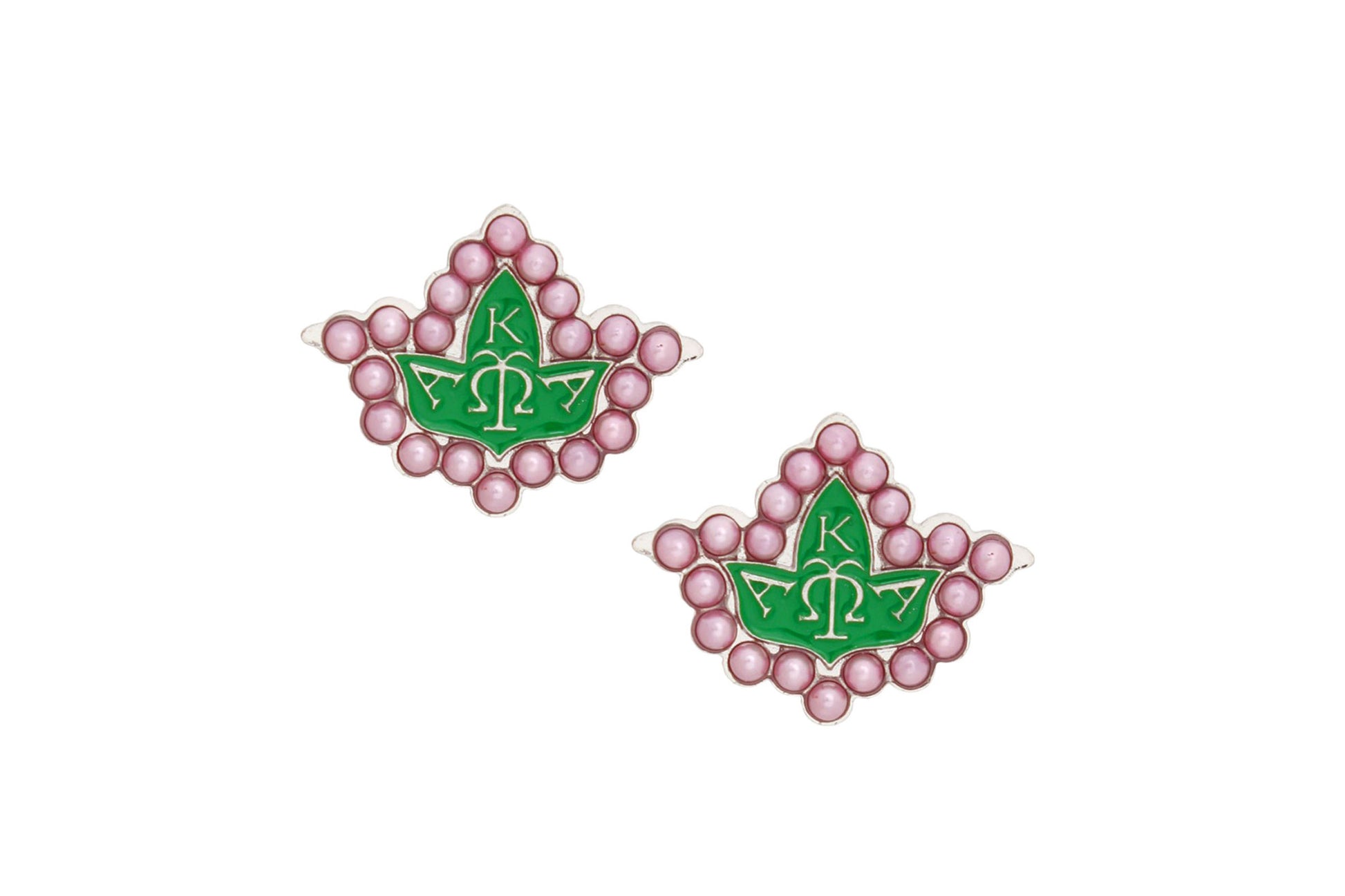 AKA Sorority stud earrings featuring a silver ivy leaf design with pink pearl edges and green epoxy AKA details, perfect for Alpha Kappa Alpha members."