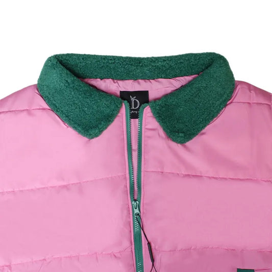 AKA Sorority Pink and Green Puffer Vest with Shearling Collar Colorblock Style