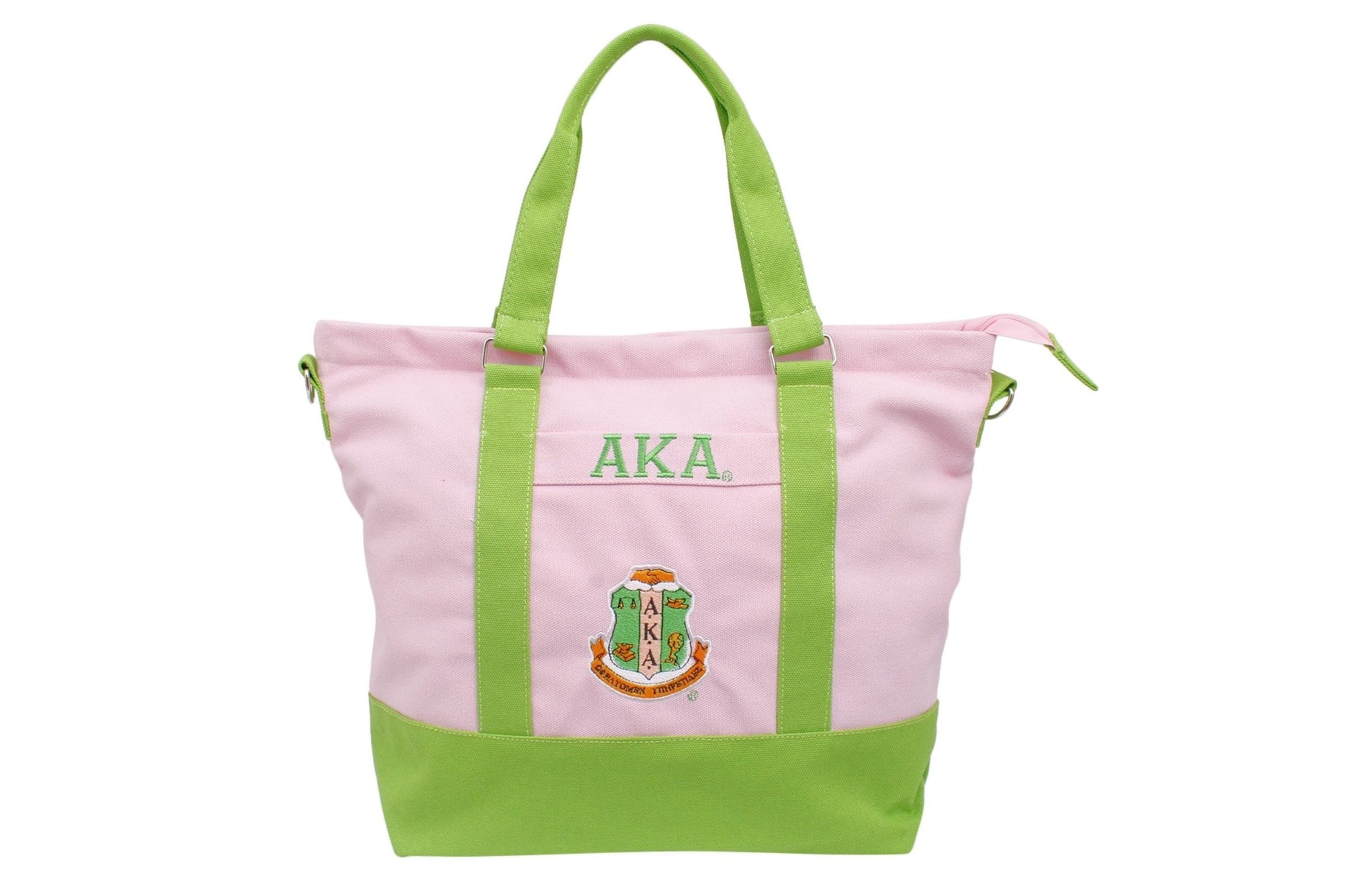 "Pink AKA sorority tote bag with embroidered Greek letters and green trim canvas"