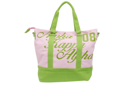 "AKA sorority tote bag featuring Script Greek Letters and a zippered compartment" 