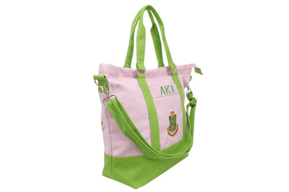 side view "Alpha Kappa Alpha pink and green embroidered durable sorority tote bag