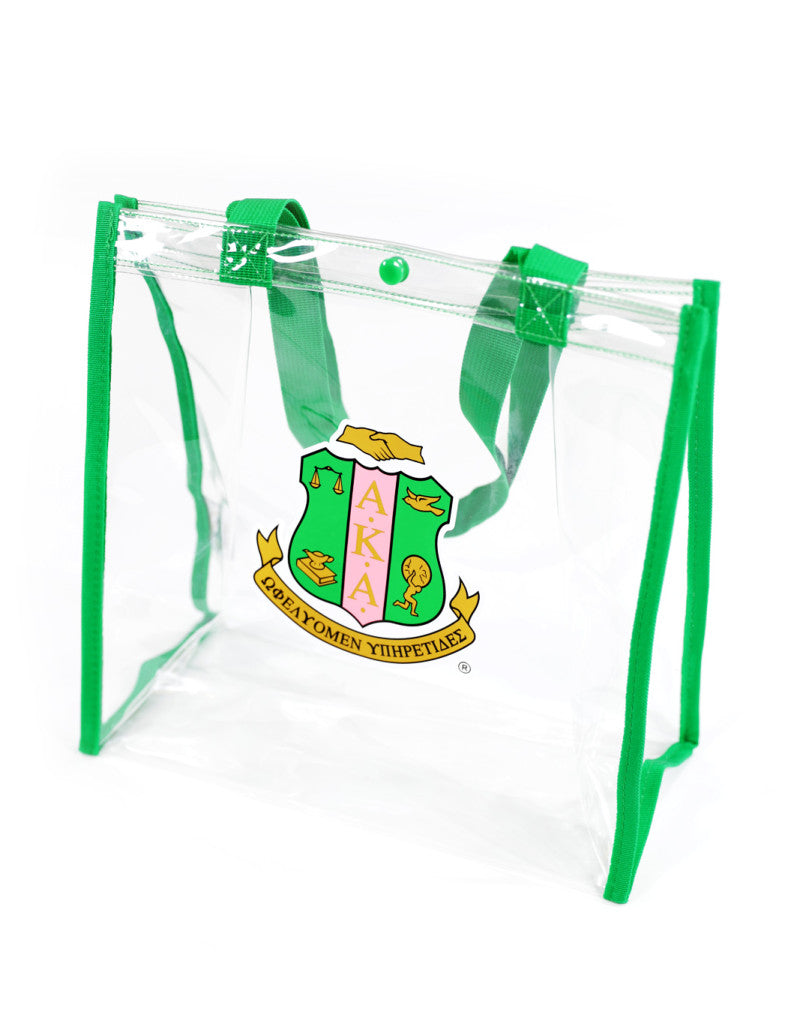AKA Clear Tote Bag with Green Handles and the Sorority's Crest