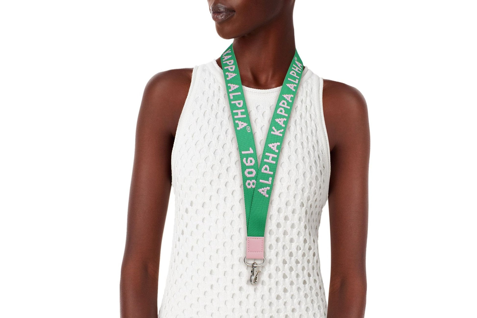 Alpha Kappa Alpha AKA green and pink canvas lanyard with silver metal badge clip and 1908 embroidery."