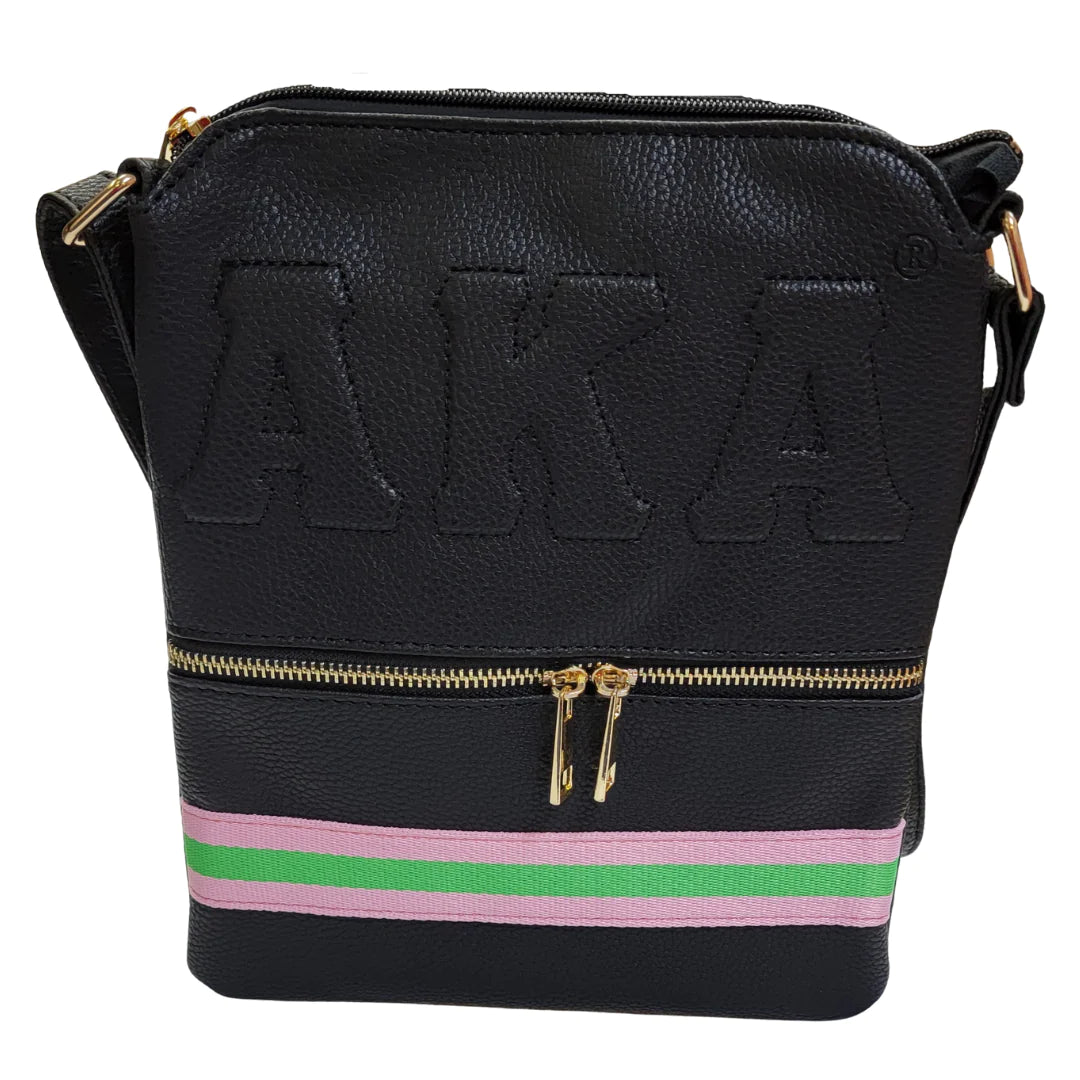 Alpha Kappa Alpha Black Crossbody Bag contrasting pink green ribbon