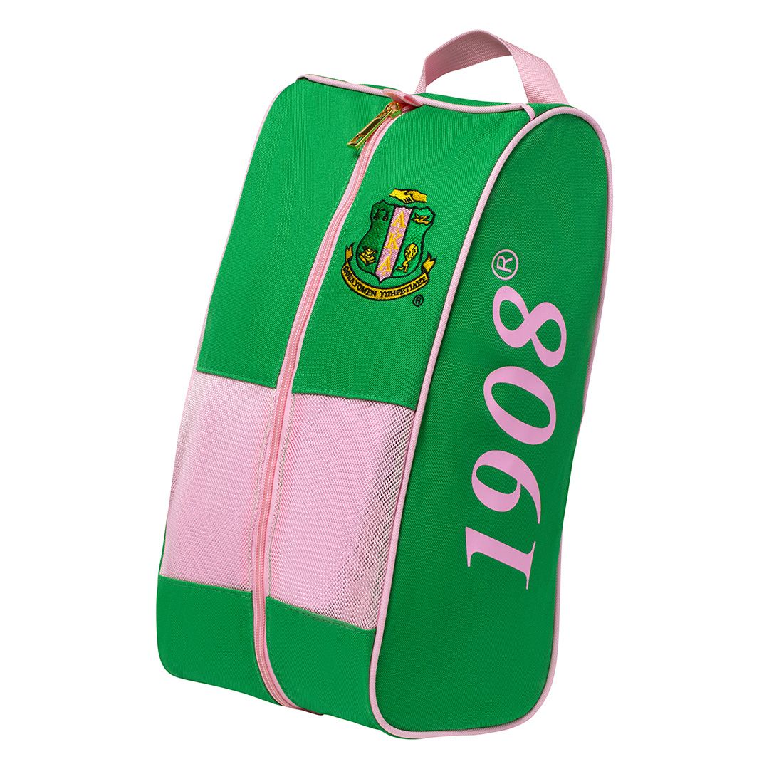 "Official Alpha Kappa Alpha AKA shoe bag in pink and green with embroidered Greek letters and 1908 crest"