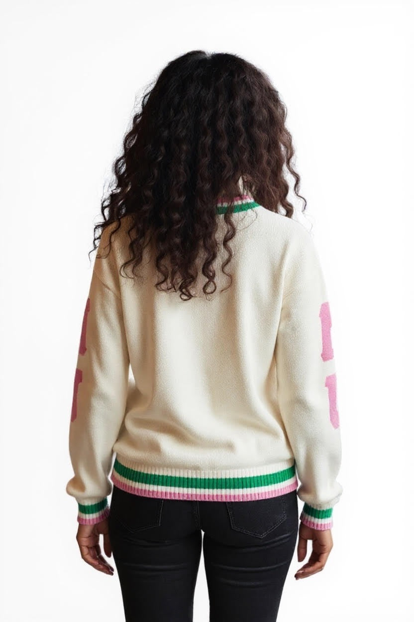 Back view of AKA Ivory Chenille Sweater with embroidered crest.