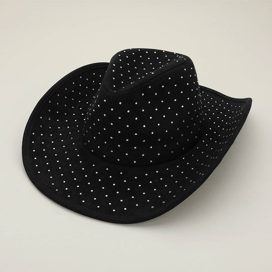 "Glamorous black faux suede fedora hat with dazzling rhinestone details and a 3.5" wide brim for a bold statement." (Targets: black fedora, rhinestone hat, wide-brim hat, statement accessory)