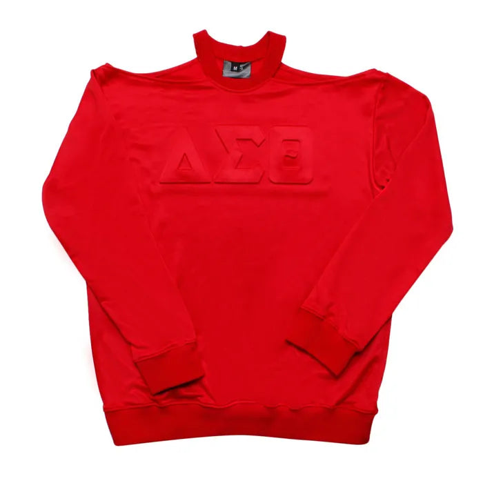 Red cold shoulder sweatshirt featuring embroidered Delta Sigma Theta (DST) Greek letters. The garment is shiny satin-like material, designed as sorority merchandise.