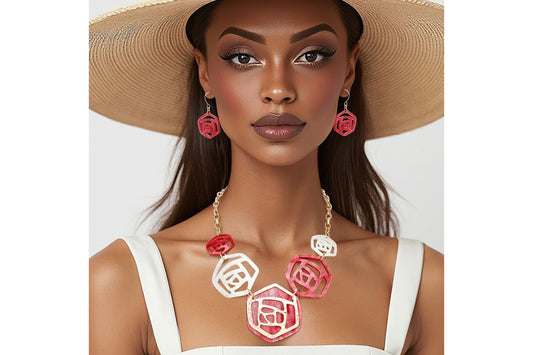 "Delta Sigma Theta red and white marbled rose choker necklace with gold accents and matching earrings" 