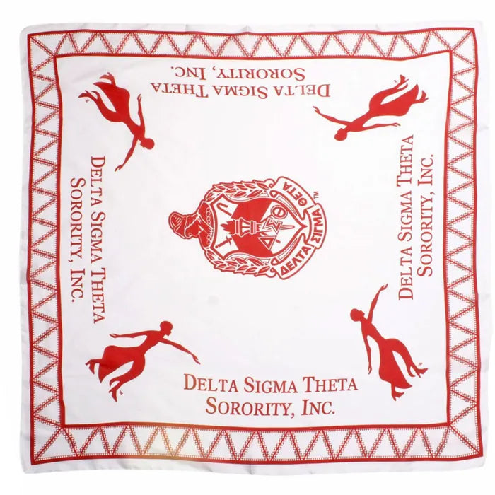 DST Sorority white scarf with the sorority's crest and Lady Fortitude
