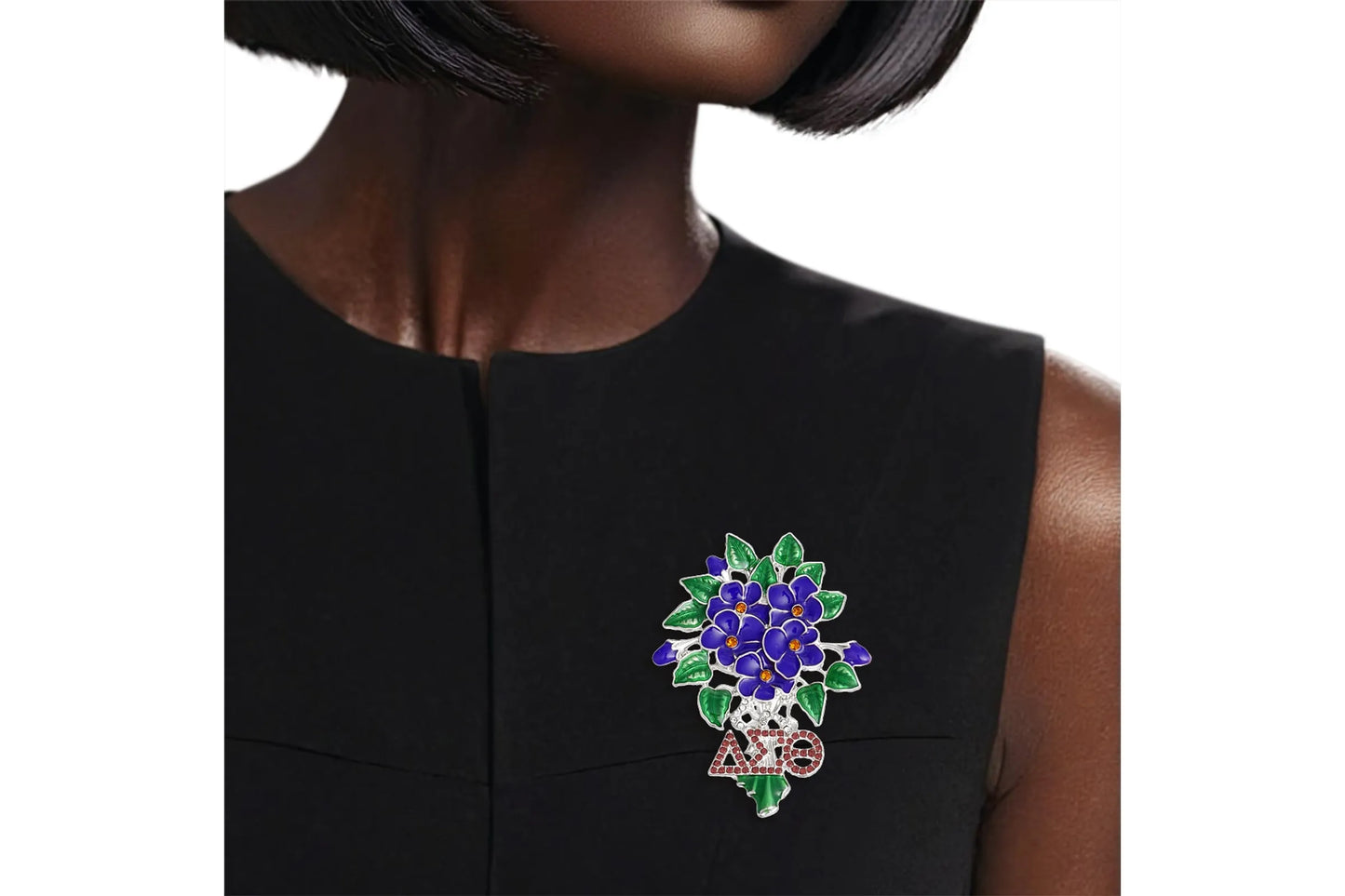 Elegant DST Sorority Brooch for Women – Shimmering Silver Violet Flower Pin with Red Greek Letters