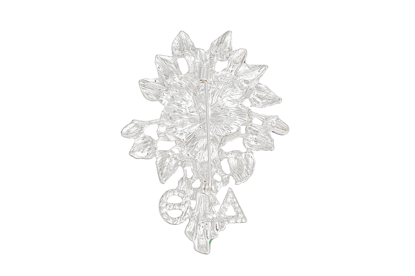 Elegant DST Sorority Brooch for Women – Shimmering Silver Violet Flower Pin with Red Greek Letters