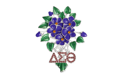 Elegant DST Sorority Brooch for Women – Shimmering Silver Violet Flower Pin with Red Greek Letters