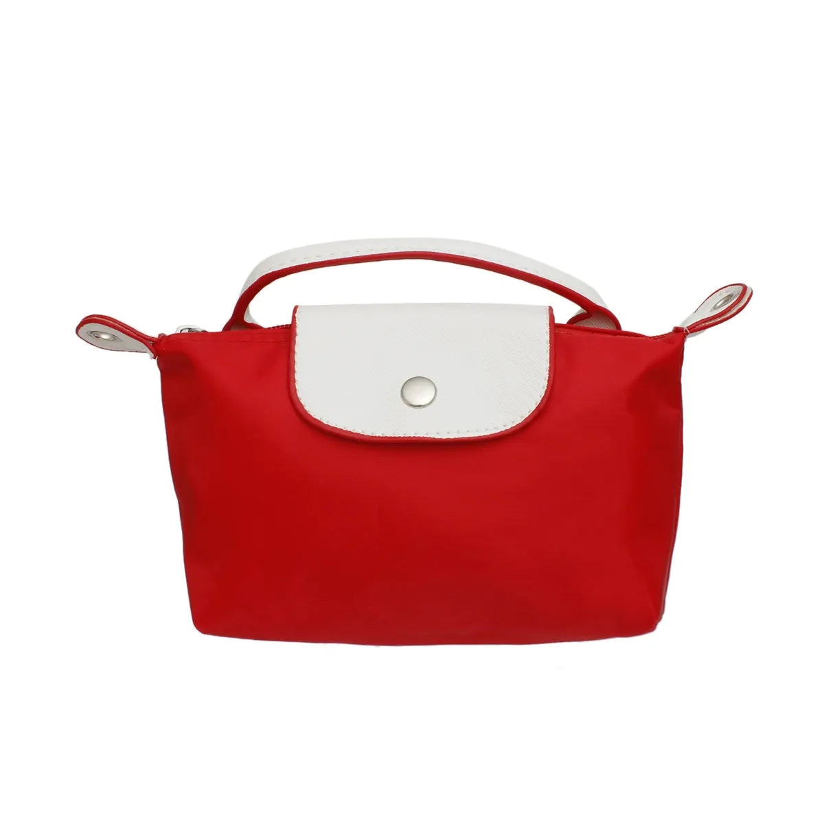 Front view of the DST-inspired red and white mini bag. Shows the secure snap button and white top handle detail.