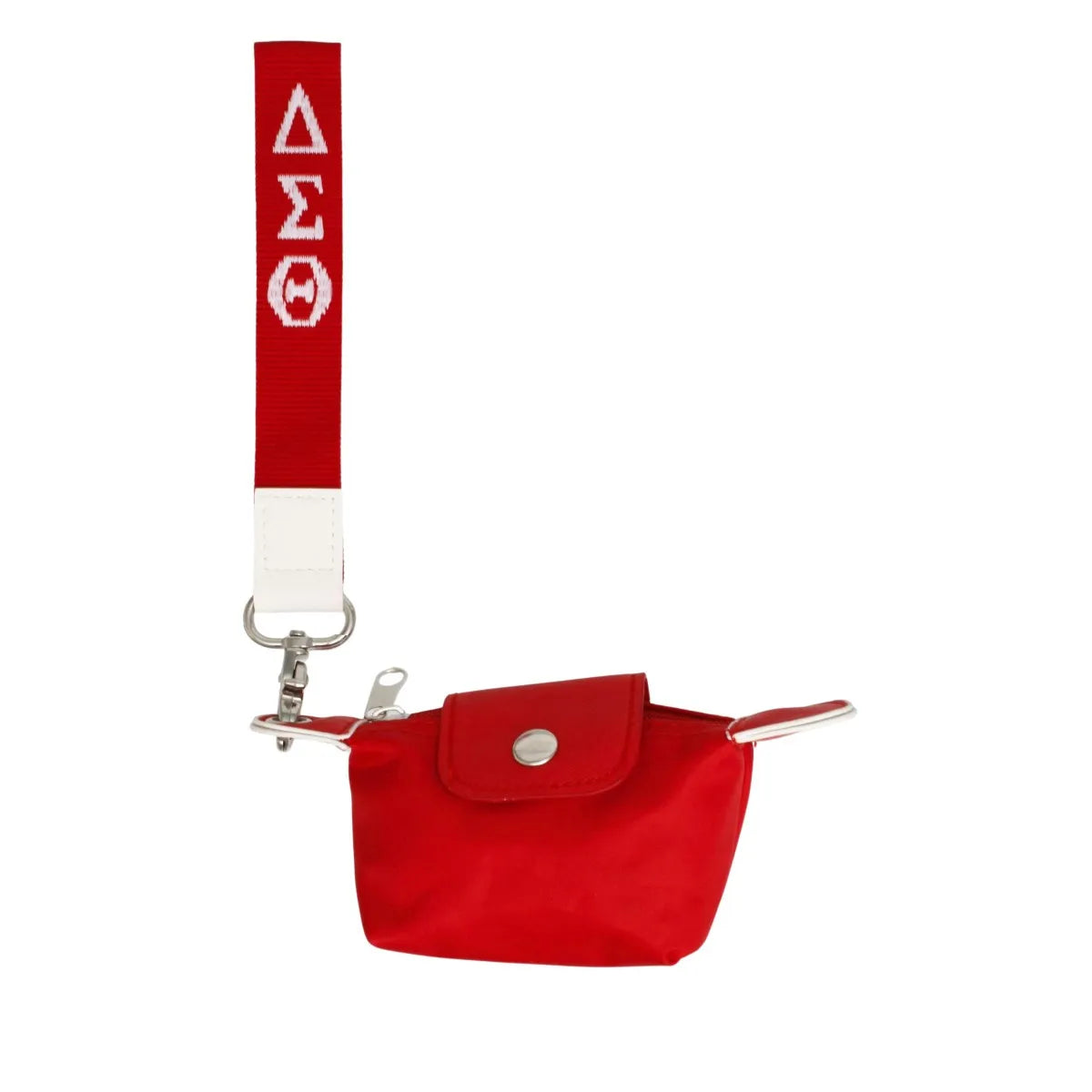 elta Sigma Theta red nylon wristlet with snap flap, zipper, and "ΔΣΘ" embroidered strap.