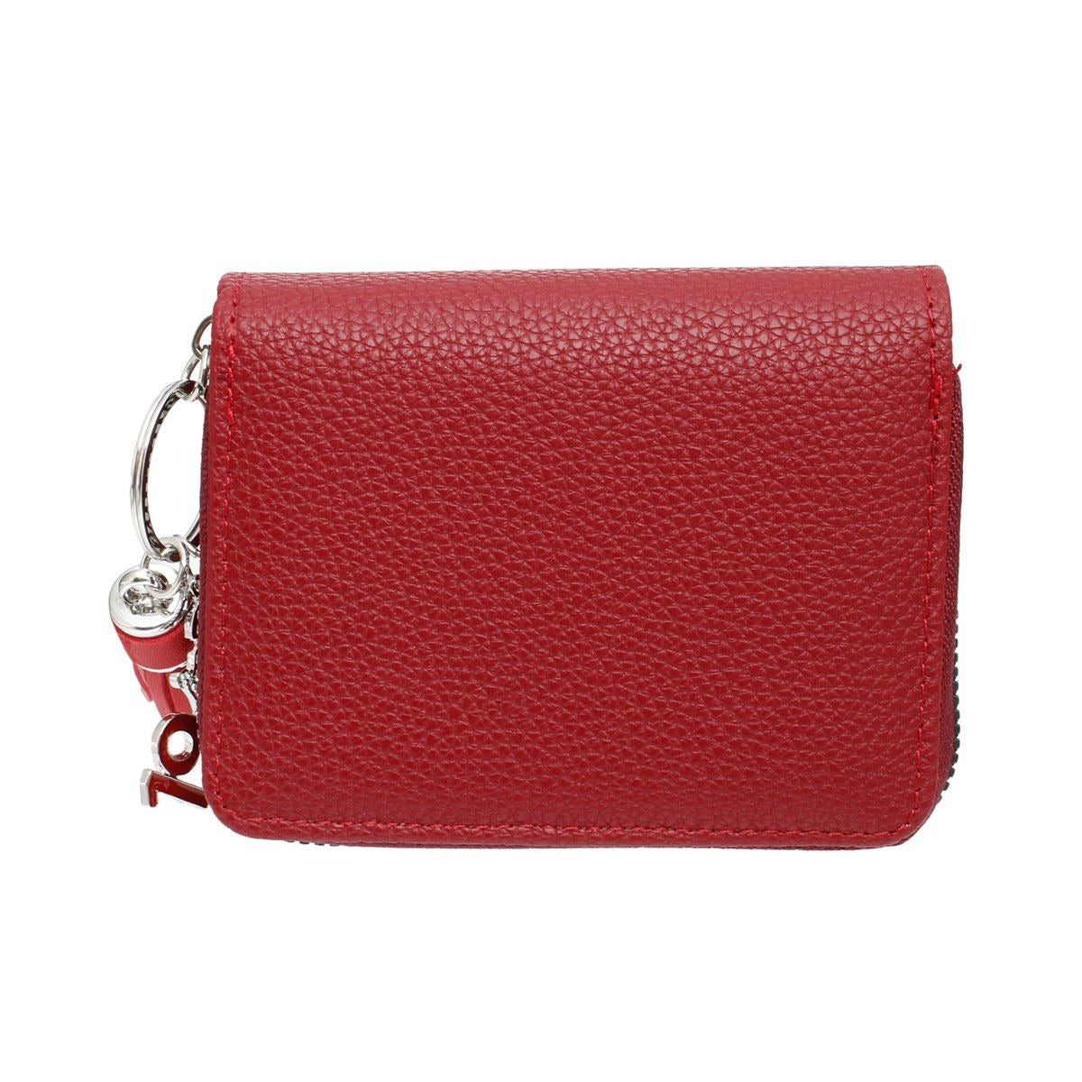 Back view of Red faux leather wallet with a chain on a white background
