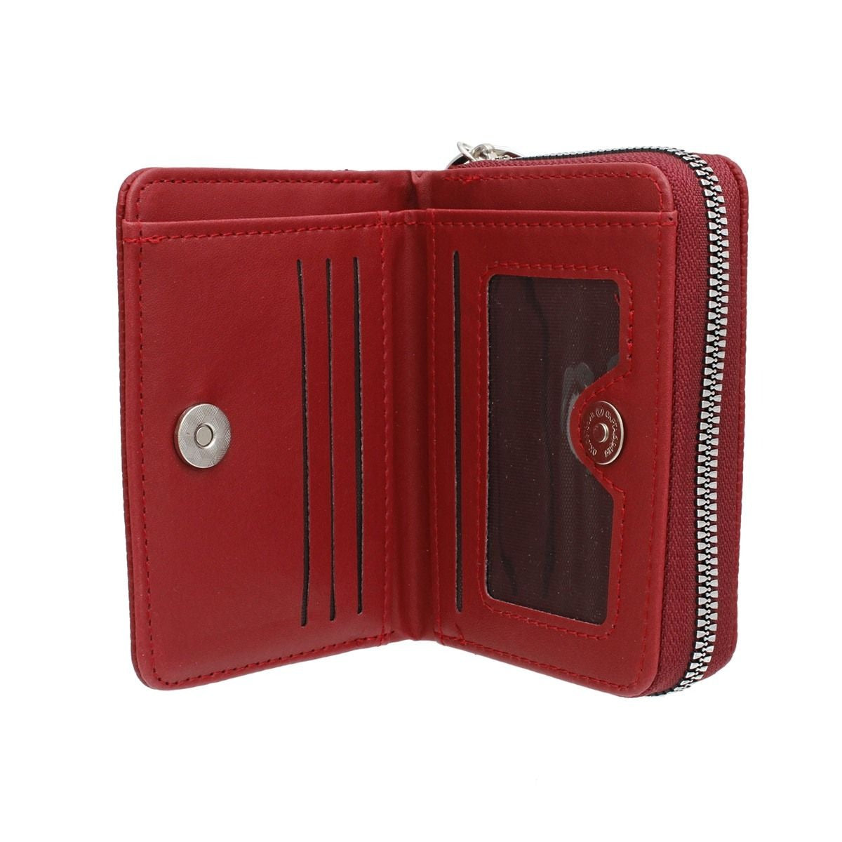 Red wallet with a clear card holder on a white background