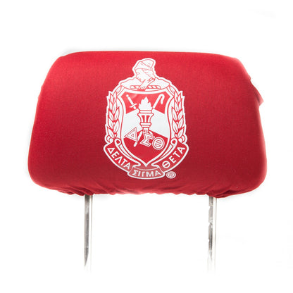 Official Delta Sigma Theta sorority red car headrest cover with red and white shield crest.