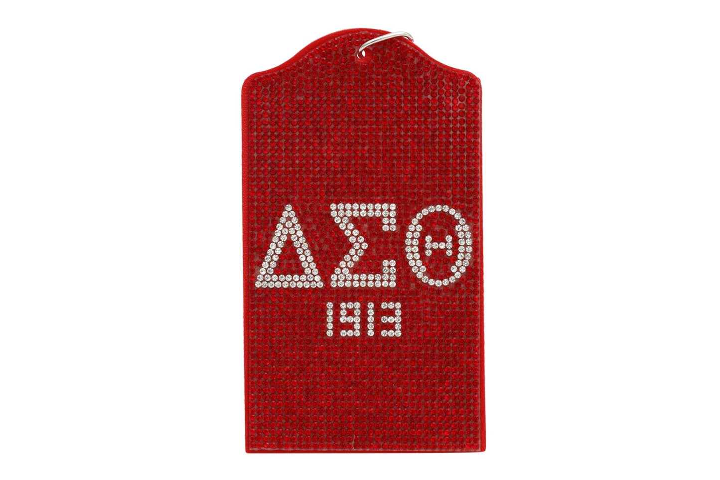 "Red rhinestone Delta Sigma Theta ID badge holder with DST letters and 1913 detail