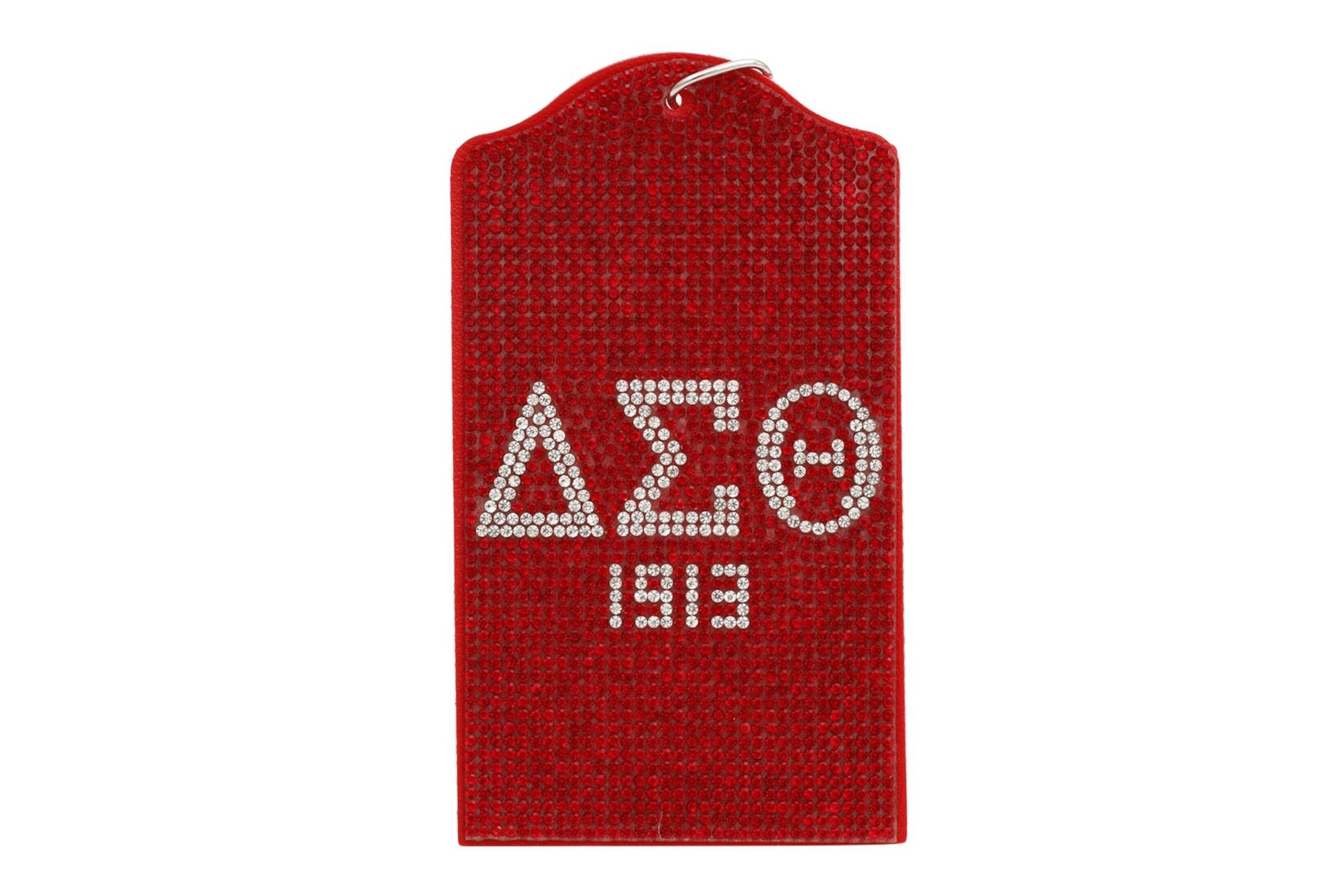 "Red rhinestone Delta Sigma Theta ID badge holder with DST letters and 1913 detail