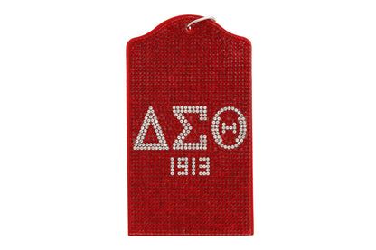 "Red rhinestone Delta Sigma Theta ID badge holder with DST letters and 1913 detail