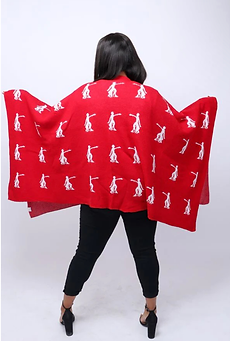 "Soft acrylic wool DST cape with iconic red and white colors, featuring the symbolic Fortitude Lady silhouette print"