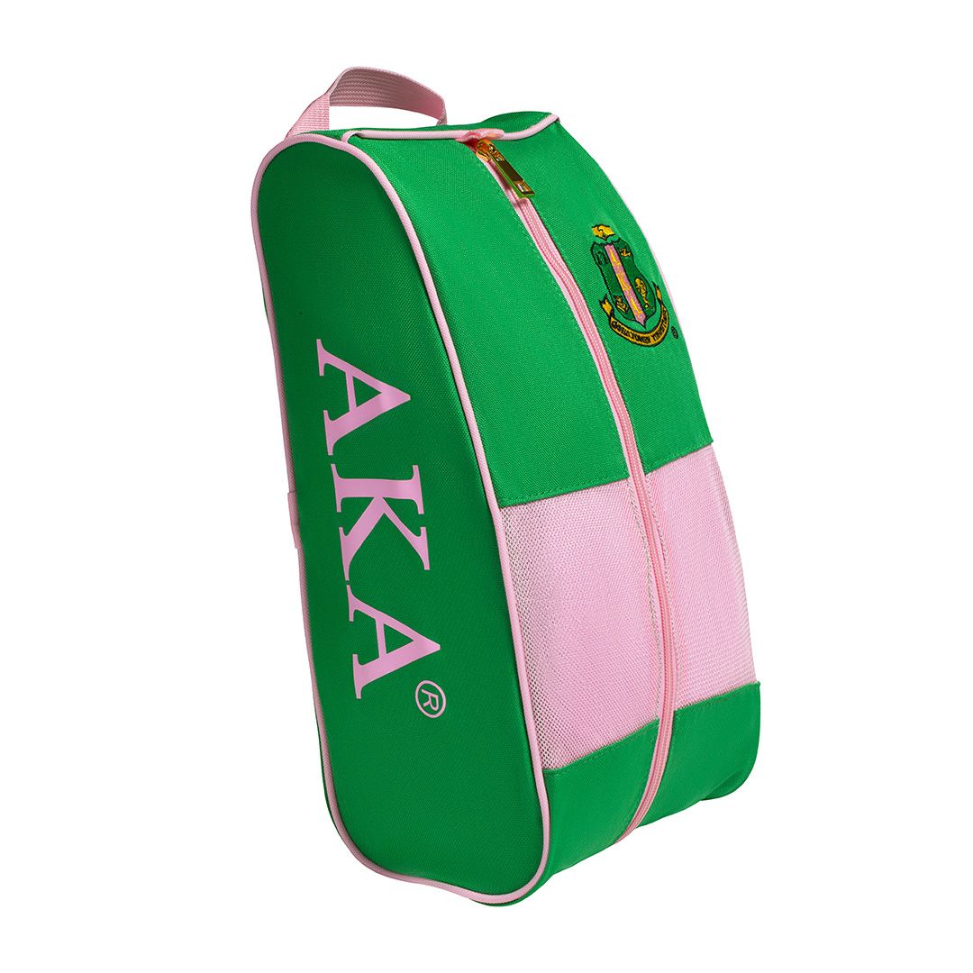 "AKA travel shoe bag with waterproof fabric and embroidered AKA symbols for sorority sisters"